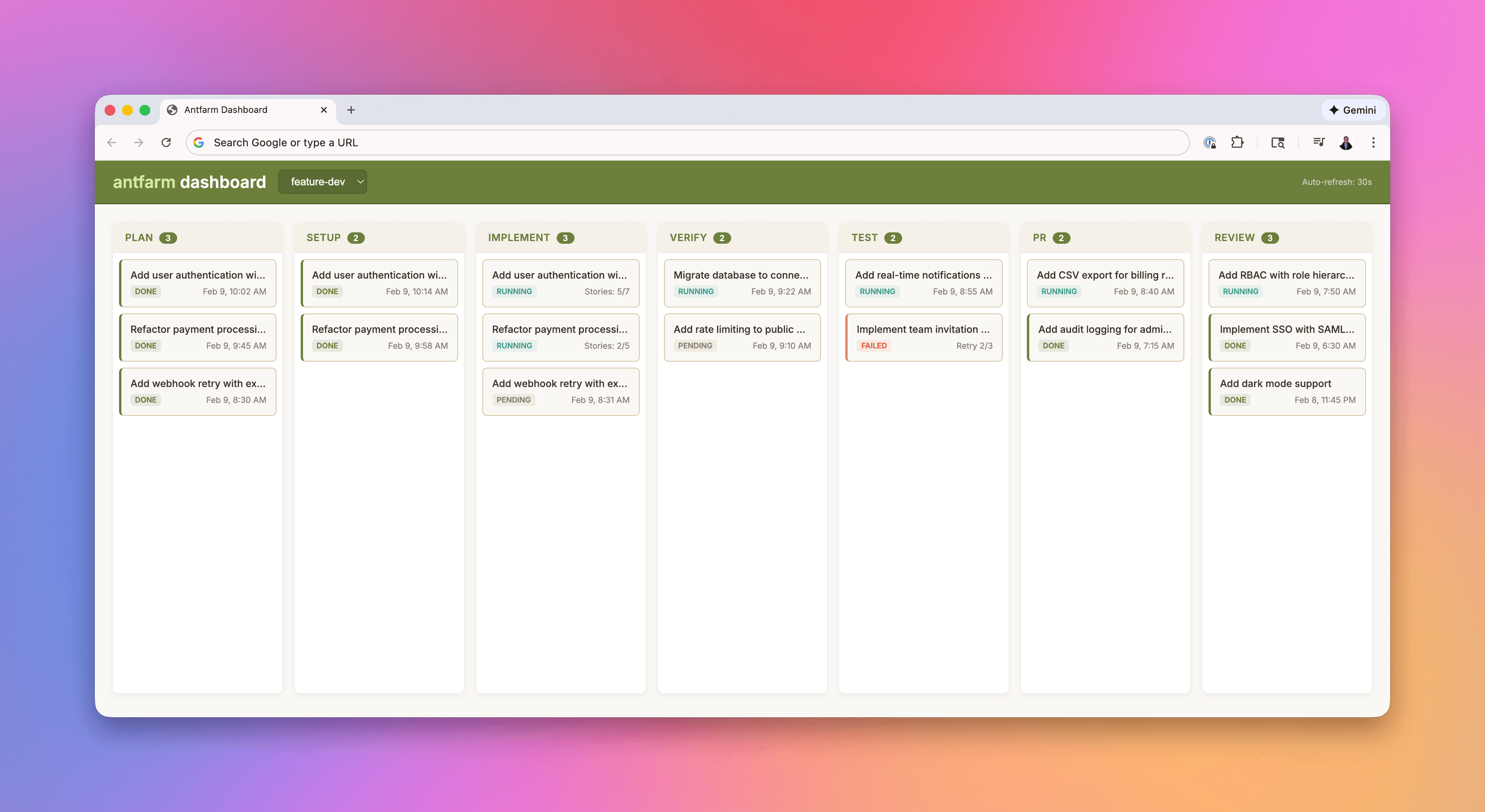 Agent Mission Control board showing workflow stages and status